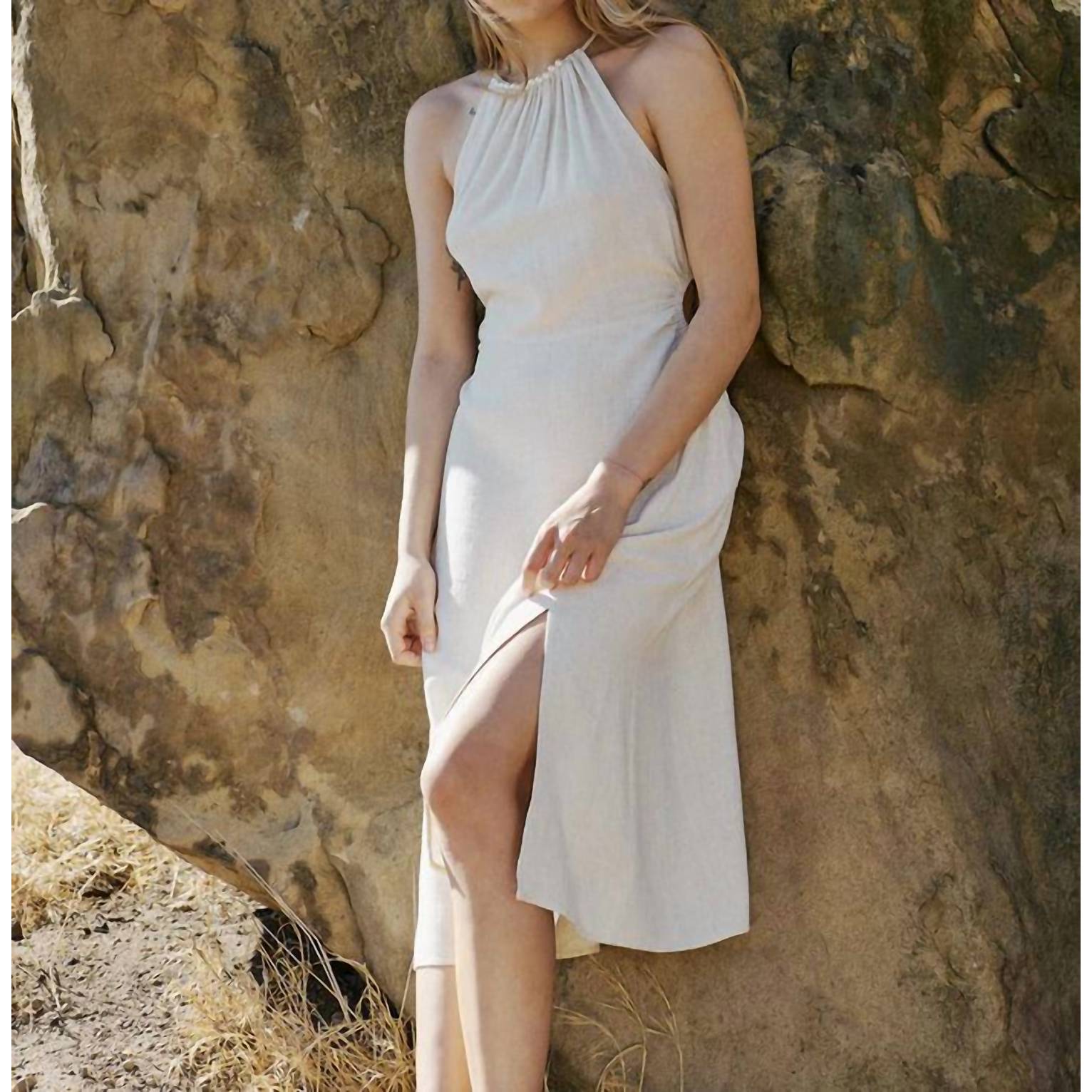 New Lucy Paris Pearl Halter Midi Dress In White